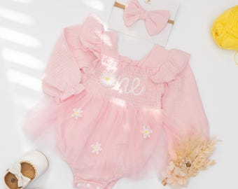 First Birthday Outfit Girl, 1st Birthday Dress, Hand-embroidered Cake Smash Outfit, Personalized Baby Romper, Long Sleeve 1st Birthday Tutu