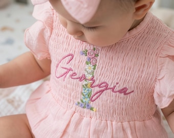 Personalized First Birthday Girl Romper, Floral 1st Bday Outfit, Daisy Cake Smash