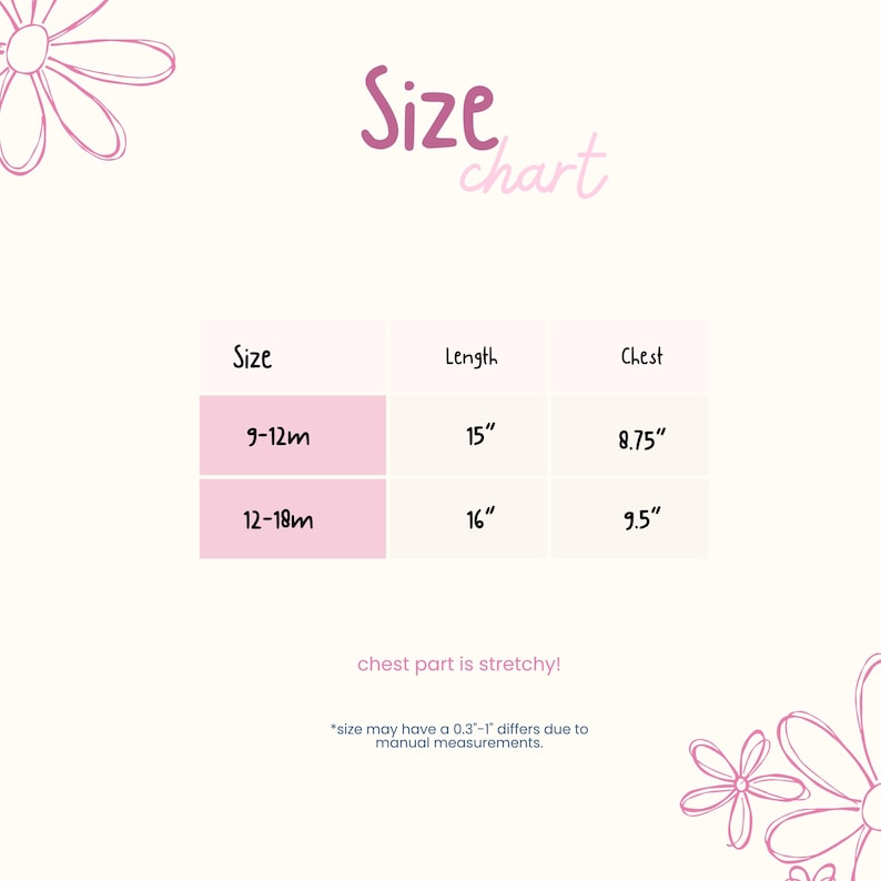 K&ouml;nnte beinhalten: Eine Gr&ouml;&szlig;entabelle mit rosa und wei&szlig;em Text f&uuml;r die Gr&ouml;&szlig;en 9-12m und 12-18m. Sie listet L&auml;ngen von 15 und 16 Zoll sowie Brustma&szlig;e von 8,75 und 9,5 Zoll auf. Der Brustbereich ist dehnbar und weist eine Abweichung von 0,3-1 Zoll auf.