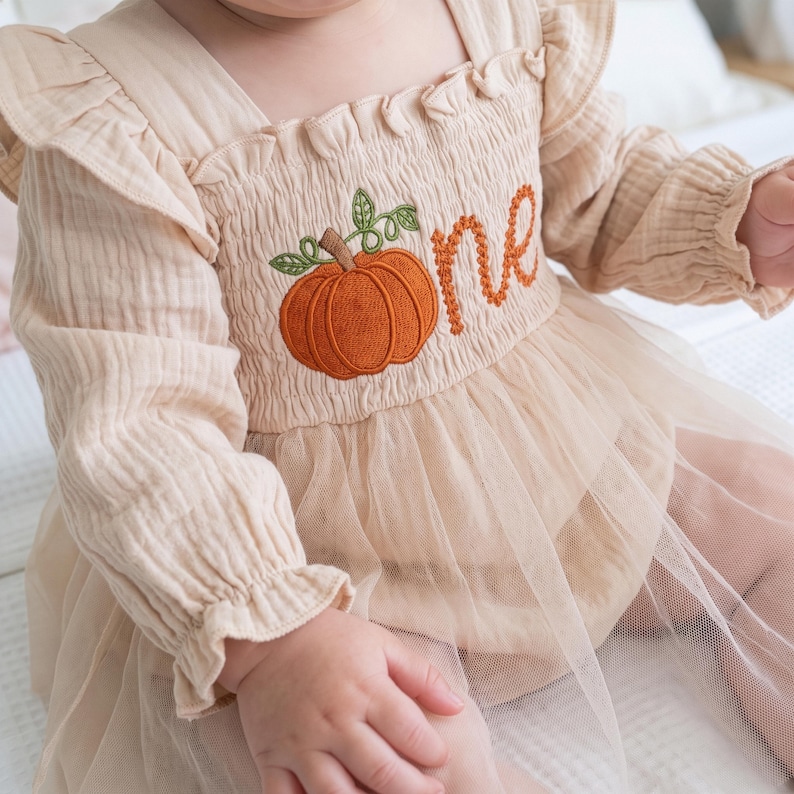 Robe citrouille pour le premier anniversaire, tenue pour le 1er anniversaire, barboteuse brodée « One », robe tutu personnalisée pour bébé fille, tenue pour une séance photo d'automne avec gâteau d'anniversaire image 9