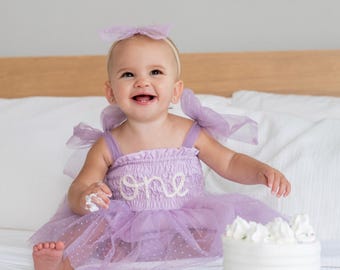 First Birthday Dress, Hand-Embroidered Baby Name outfit, Personalized Baby Girl Tutu Dress, Smash Cake Outfit for Girl, 1st Birthday Romper