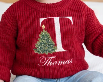 Personalized Baby Christmas Sweater with Name, Embroidered Matching Sibling Sweaters
