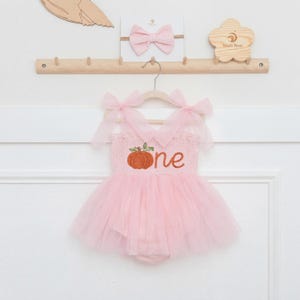 Robe citrouille pour le premier anniversaire, tenue pour le 1er anniversaire, barboteuse brodée « One », robe tutu personnalisée pour bébé fille, tenue pour une séance photo d'automne avec gâteau d'anniversaire image 7