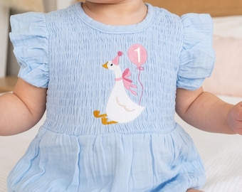 One Silly Goose First Birthday Girl Romper and Bow Set, Embroidered 1st Bday Outfit, Cake Smash