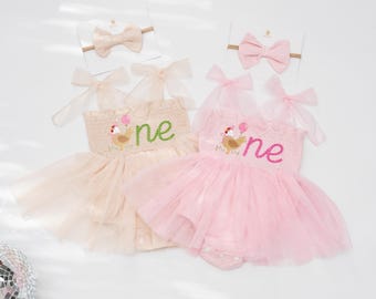 One Cute Chick First Birthday Dress, Chicken Cake Smash Custom Romper Personalized Embroidered Baby shirt