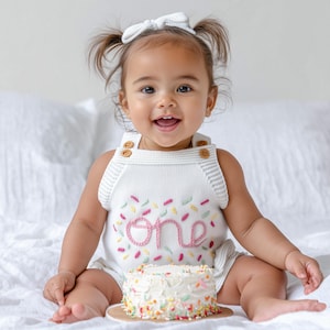 First Birthday Outfit Girl, Smash Cake Dress, Embroidered Baby Onesie, Customized Baby Romper, Knitted  Baby Girl Romper, One Year Old
