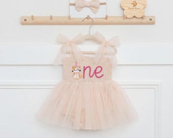 Cat First Birthday Dress, Kitty 1st Bday Outfit, Cake Smash Girl Romper