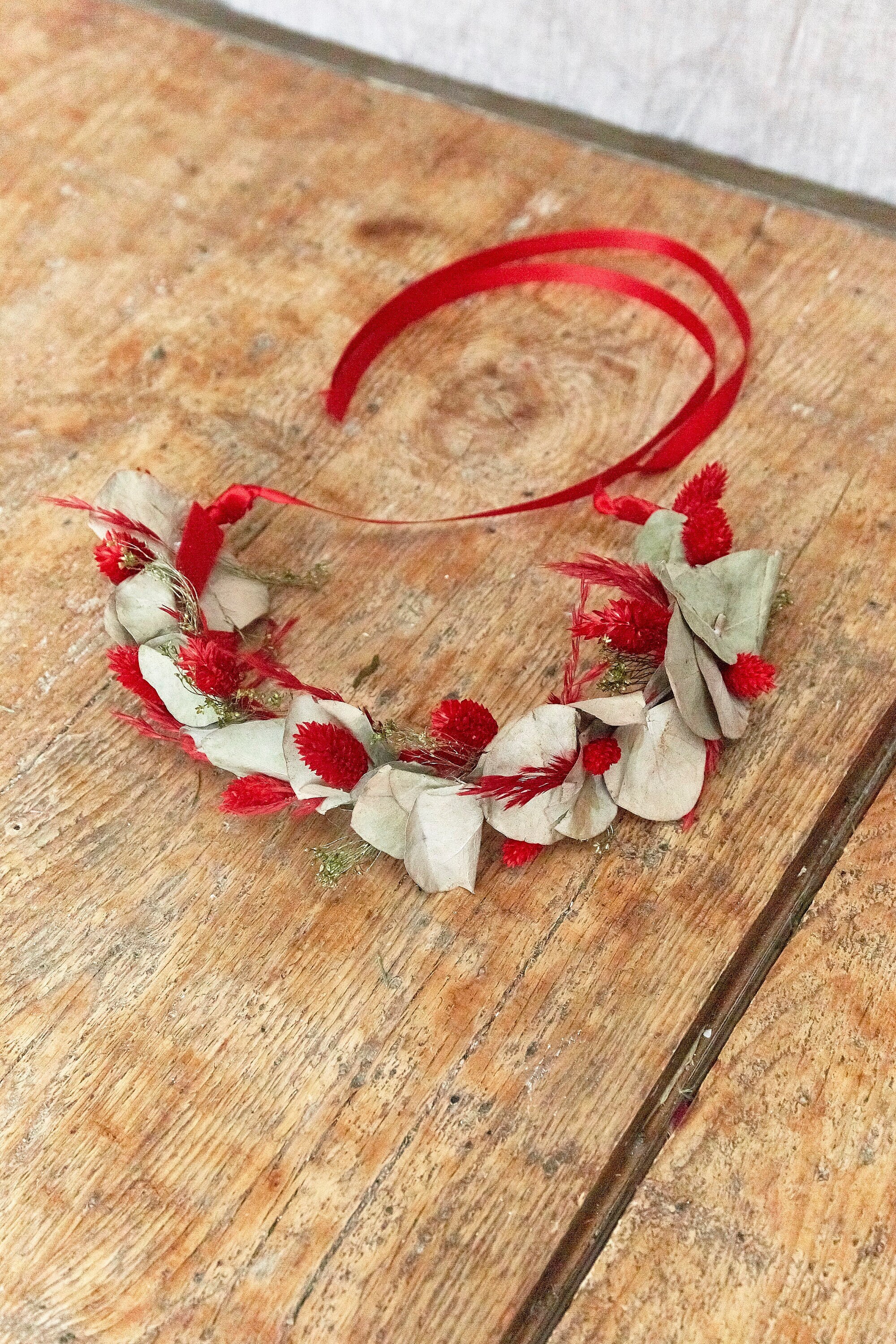 Couronne de Fleurs Séchées Verte et Rouge