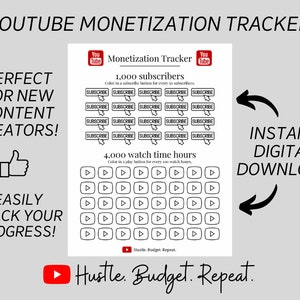 Rastreador de monetización de YouTube Realice un seguimiento sencillo de sus primeros 1000 suscriptores y 4000 horas de visualización Descarga digital instantánea