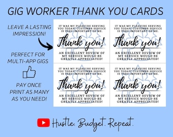 May include: Blue thank you cards for gig workers. Each card features the words "Thank you!" in a script font, along with a message about customer service and reviews. The cards are designed for multi-app gigs.