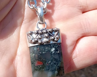 Natural African Bloodstone Pendant 925 Sterling Silver Plated Brass Cap Sturdy Stainless Chain 836