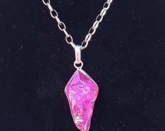 Shocking Pink Titanium Quartz Druzy Pendant, Sterling Silver Plated Brass, 20 Inch Stainless Steel Chain