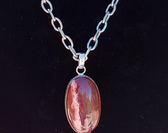 Red Creek Jasper Pendant Necklace, Sterling Silver Plated Brass, Stainless Steel Chain