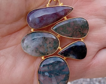 Natural Moss Agate Pendant Necklace, 18k Gold Plated Stainless Steel Foxtail Chain