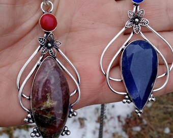 Handmade Sapphire Tanzanite & Crazy Laced Agate Pendant Necklaces, 925 Sterling Silver Plated Copper 840