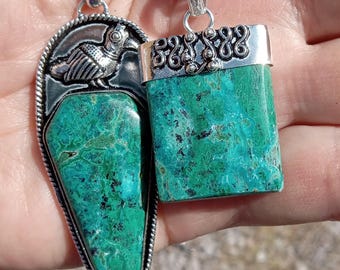 Natural Green Chrysocolla Pendant Necklaces, Sterling Silver Plated Copper, Sturdy Rolo Chain