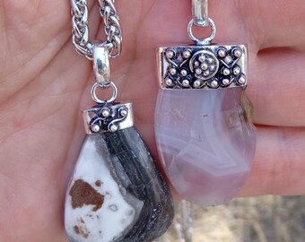 Natural Stick Agate Zebra Calcite Pendants, Sterling Silver Plated Copper Cap Necklace