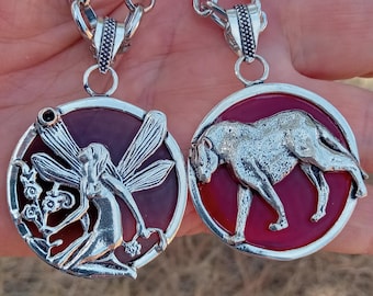 Amethyst Fairy and Garnet Lioness Stained-Glass Pendant Necklace Sturdy Stainless Chain 837