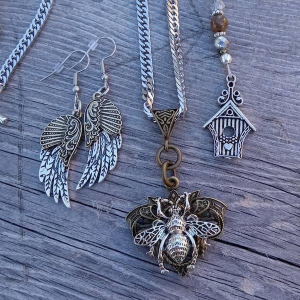 Steampunk Bee on Chain. Steampunk Wing Earrings. Bird House Key Ring. 3 Peice Jewelry Set. Great Gift Set. Mother's Day Gift. N270