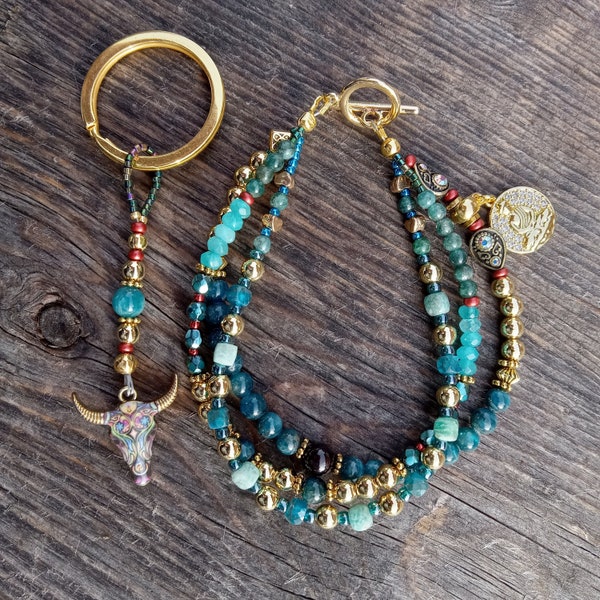 Triple Strand Apatite and Gold Layering or Stacking Budda Gold Charm Bracelet & Key Ring Set. Multi Strand Gemstone Charm Bracelet Set. N284