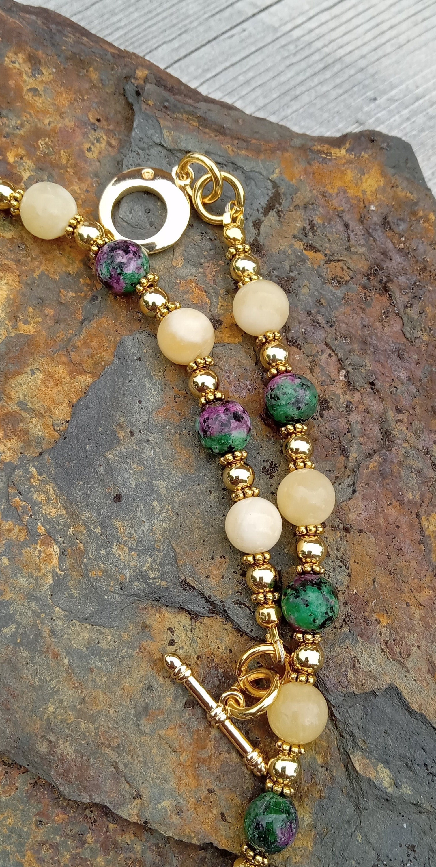 Soothing Calcite and Ruby Zoisite Necklace. 18k Gold Filled Beads ...