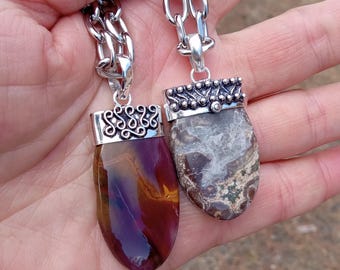 Natural Mookaite Birds Eye Jasper Pendants, Sterling Silver Plated Brass, Stainless Steel Chain
