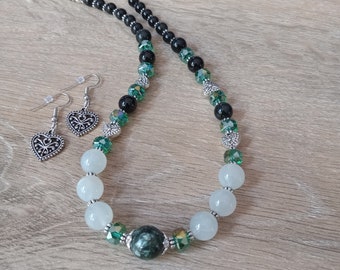 Seraphinite, White Flash Moonstone and Obsidian Necklace Set. Heart Earrings. Faceted Cut Green Glass. N260