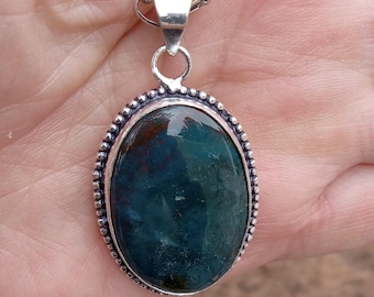 Natural Bloodstone Pendant Necklace, Sterling Silver Plated Copper Setting, Spiritual Growth, Clarity Boost