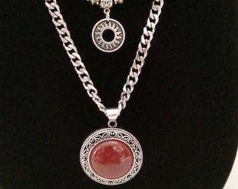 Red Jasper Silver Pendant on Chain, Sun Disk, Bracelet, Earrings, Anklet, Key Ring Set. N84
