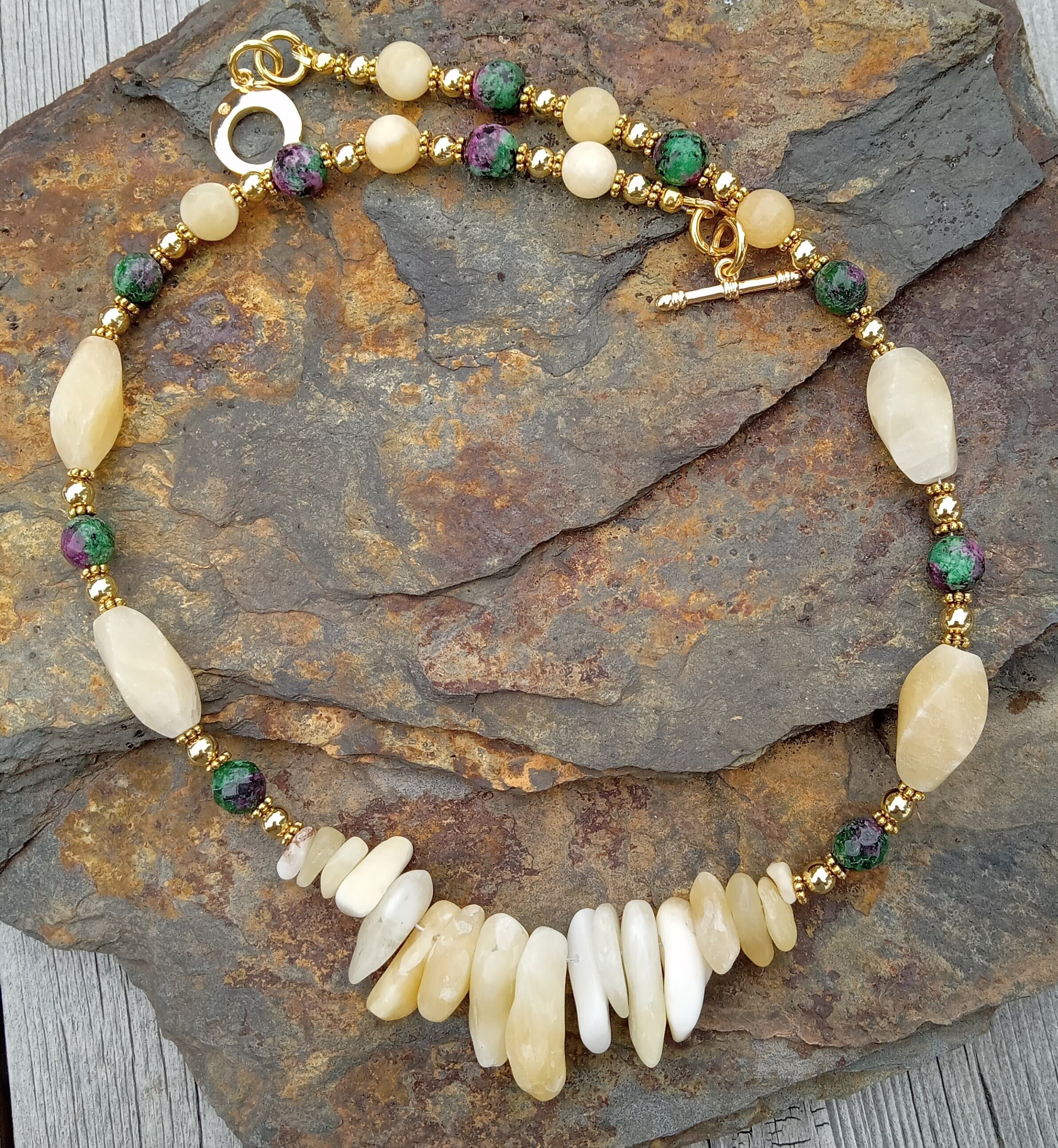 Soothing Calcite and Ruby Zoisite Necklace. 18k Gold Filled Beads ...