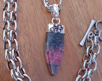 Natural Rhodonite Dagger Point Pendant Necklace 925 Sterling Silver Plated Cap Sturdy Stainless Chain 838