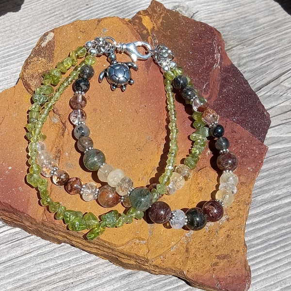 Triple Strand Gemstone Bracelet. Peridot Bracelet. Phantom Quartz, Garden Lodolite Quartz, Citrine, Turtle Charm, Multi Strand Bracelet. 118