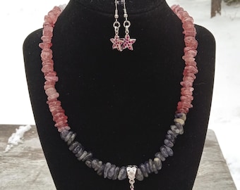 Cordierite, Strawberry Quartz, Light Amethyst Gemstones, Raspberry Star Pendant Necklace Earrings Set 343