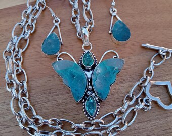 Butterfly Pendant Necklace & Apatite Earrings Set, Sterling Silver Plated Copper 839