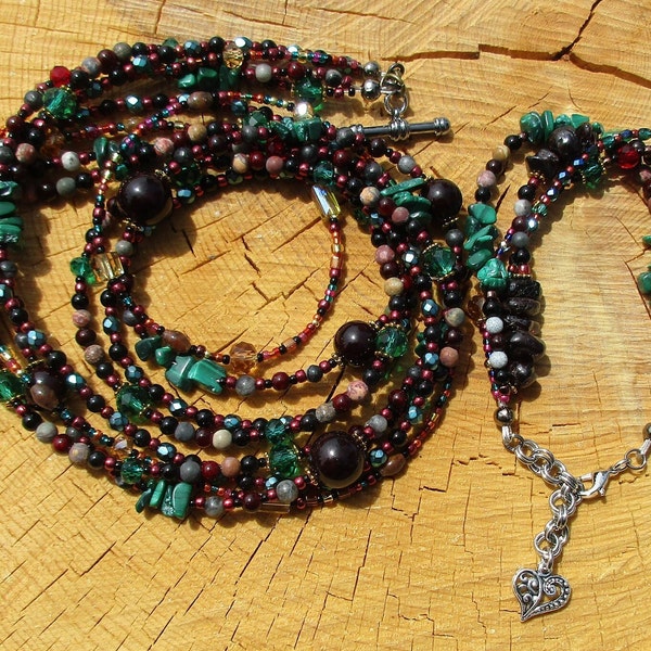 Garnet, Malachite, Onyx, Natural Crystal Gemstone Necklace, Heart Charm Bracelet Set, N5