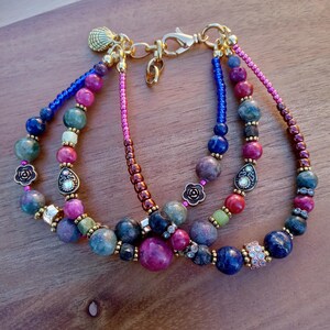 Med/Large Multi-Strand Gemstone Bracelet: Lapis, Ruby, Agate, Seashell Charm 175