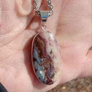 Red Brown Mexican Agate Pendant Necklace, 925 Sterling Silver Plated, Stainless Steel Chain 830