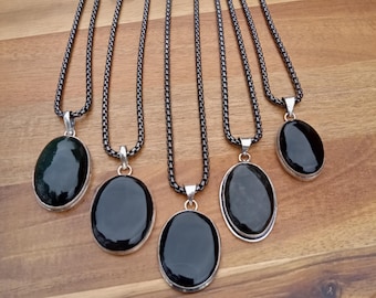 Natural Black Onyx, Silver Obsidian Pendant Necklace: Sterling Silver Setting, Grounding Protection