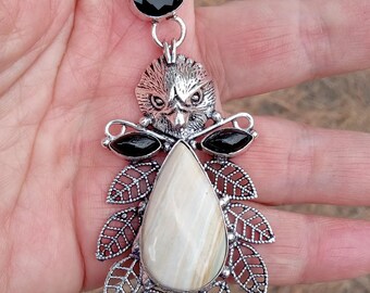 Zebra Calcite Onyx Eagle Pendant Necklace, Sterling Silver Plated, 22 Inch Stainless Steel Chain