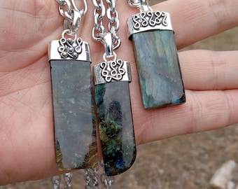 Natural Blue Fire Labradorite Pendant Necklace, Sterling Silver Plated Brass, Spiritual Healing Gemstone