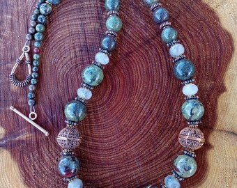 Dragon Blood Jasper Labradorite Statement Necklace, Copper Accents