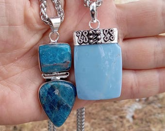 Blue Apatite and Owyhee Opal Sterling Silver Pendants: Emotional Healing, Career Jewelry 839