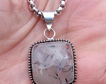 Natural Black White Rutilated Quartz Pendant Necklace, Silver Plated Brass Setting, 18 Inch Chain