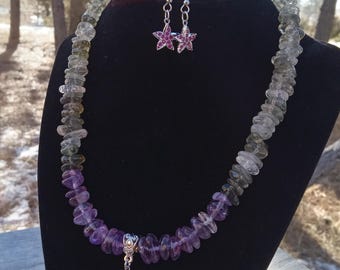 Ametrine Quartz, Green Rutilated Gemstone Large Chips Necklace & Raspberry Star Earring Set 341