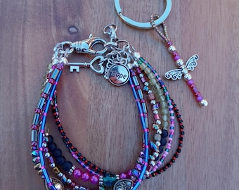Med/Large Multistrand Gemstone Charm Bracelet with Winged Key Ring 295