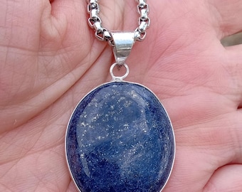 Oval Lapis Lazuli Pendant, Sterling Silver Plated, Stainless Steel Chain, Grounding Protection Necklace