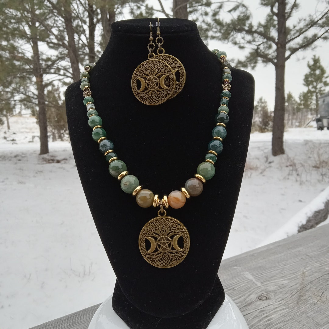 Moss Agate Pentagram Pendant Jewelry Set. Multi Color Moss Agates ...