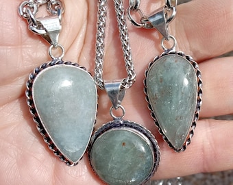 Natural Aquamarine Pendants: Sterling Silver Wrap, Sea Green Gemstone, Anxiety Relief Necklace