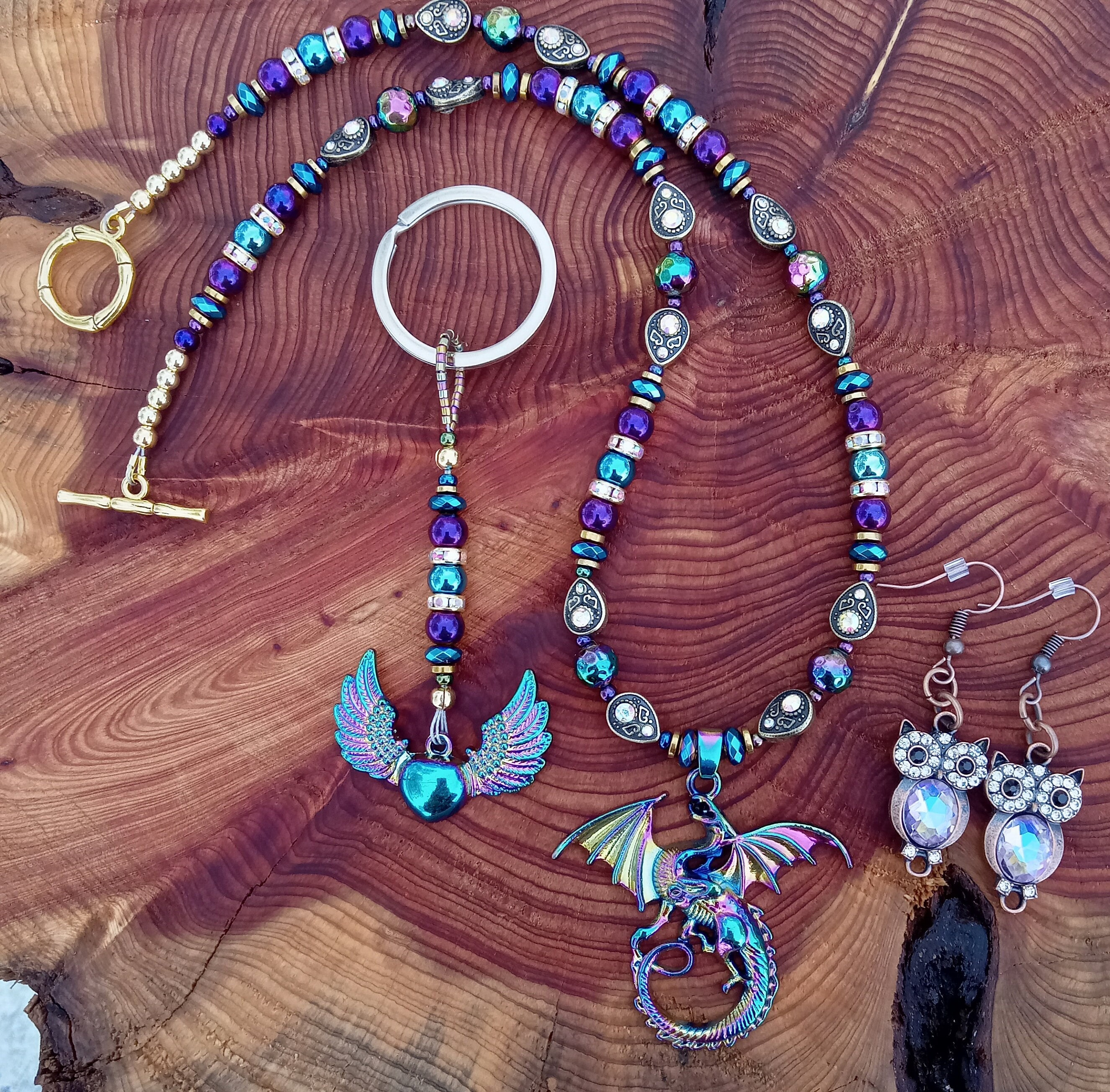 Rainbow Hematite Dragon Necklace Set, Rhinestone Owl Earrings, Winged Heart Keyring