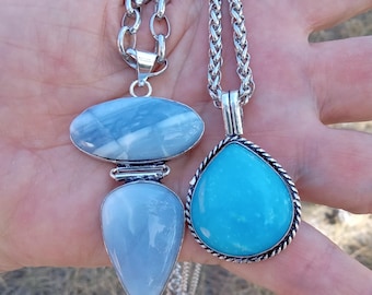 Blue Owyhee Opal Hemimorphite Sterling Silver Pendant Necklaces – Calming, Creativity, Confidence Jewelry